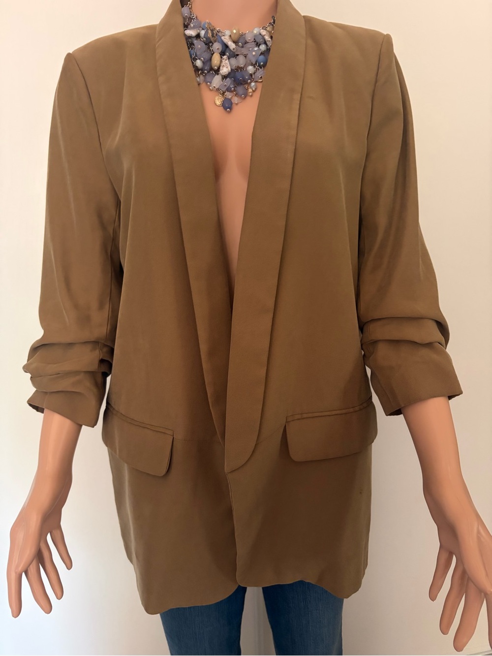 Zara Olive Brown Open-Front Blazer